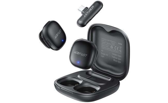 ACEFAST R1 Wireless Lavalier Dual Microphone For iPhone Android USB-C 360° Omnidirectional Deep AI Noise Cancellation - Black